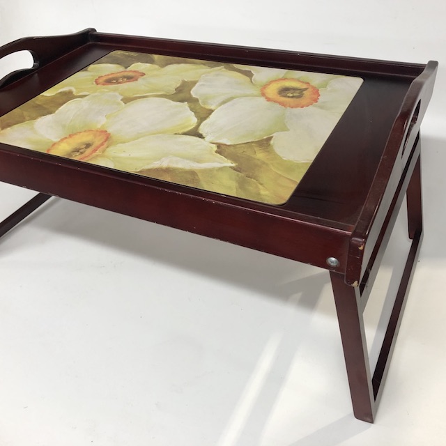 TRAY TABLE, Dark Stained Timber w Floral Inset